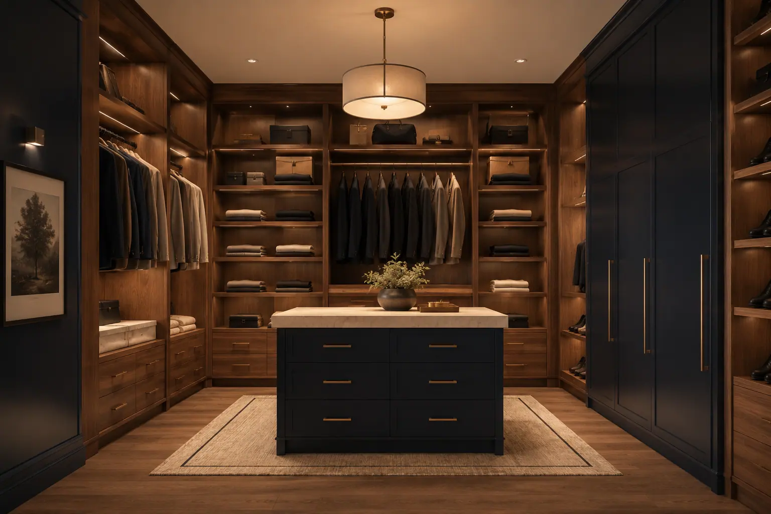 Closet com marcenaria simétrica, cabideiros, gaveteiros e ilha central.