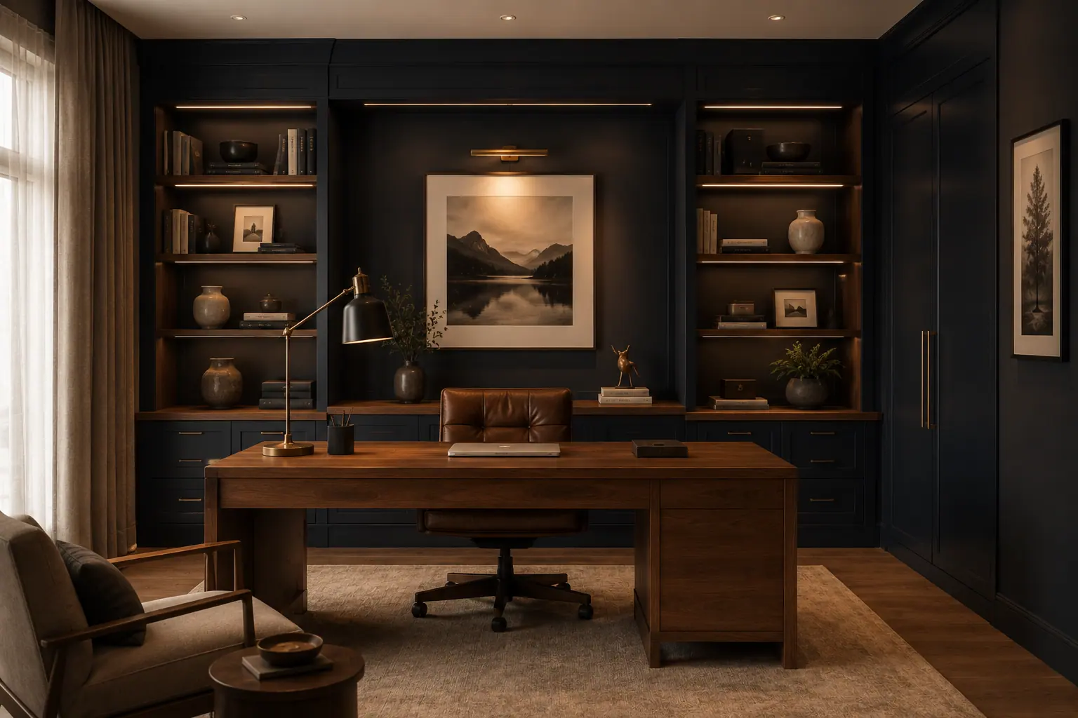 Home office com estantes embutidas, escrivaninha em madeira e iluminação pontual.