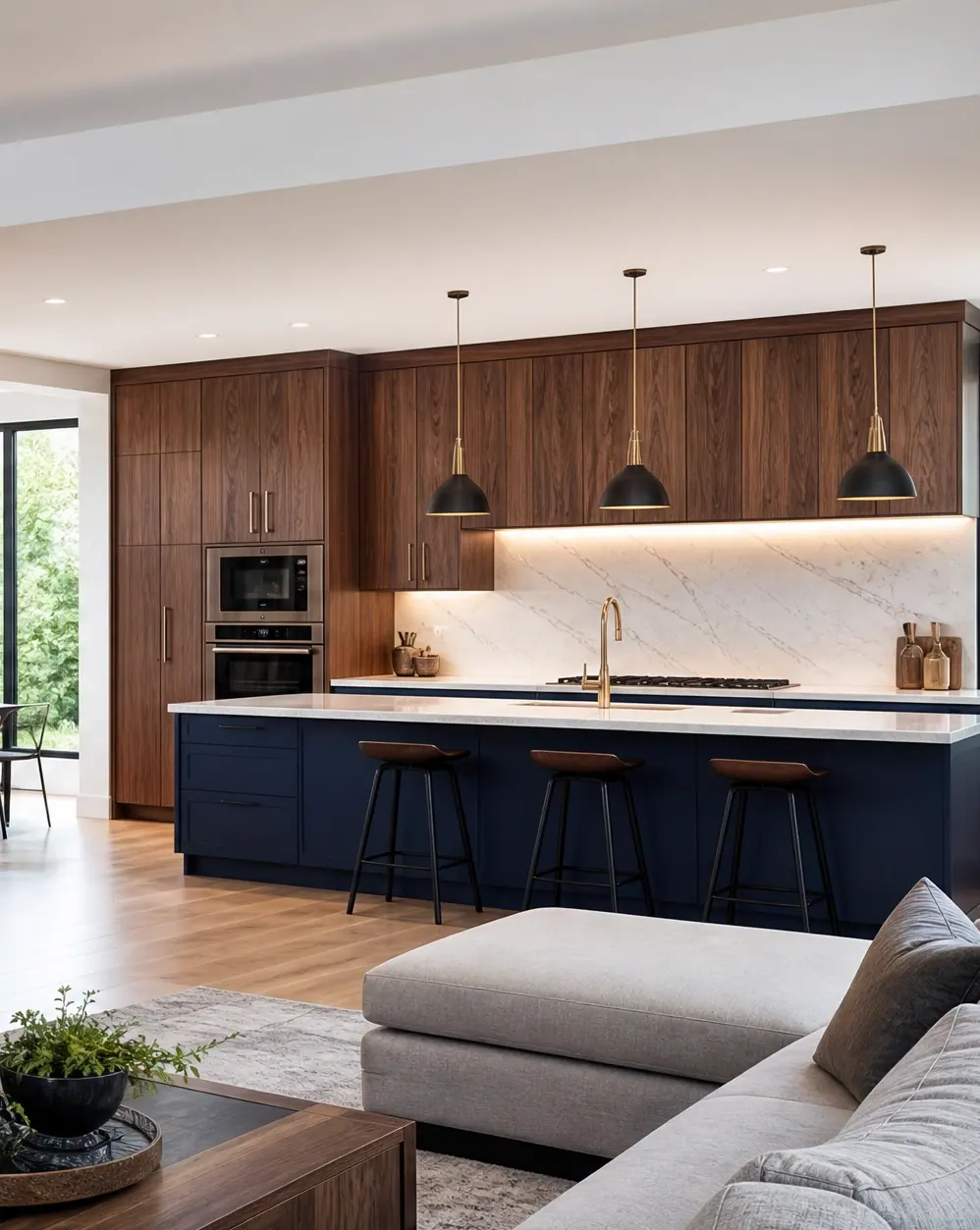 Cozinha integrada ao living, com marcenaria em madeira, ilha central e pendentes escuros.